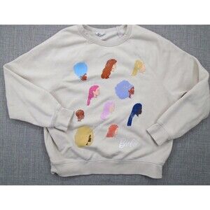 Barbie Women's Sweatshirt Crew Neck Size Medium Ivory Hair Styles Graphic